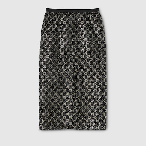 Embroidered wool tweed lamé skirt 
