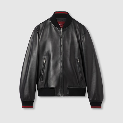 Leather bomber jacket with Web in black | GUCCI® TH