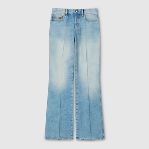 Flared bleached cotton denim trousers