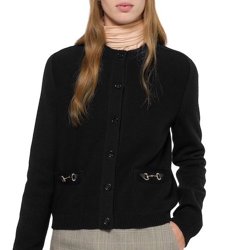 饰马衔扣羊毛山羊绒混纺开衫