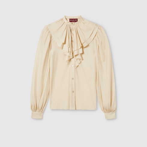 Silk twill shirt with ruffle trim