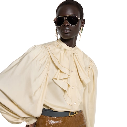 Camicia in twill di seta con finiture con ruche