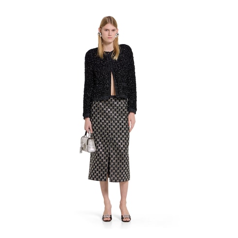 Gonna in tweed di lana lamé ricamata 