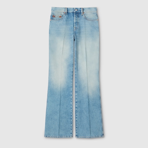 Flared bleached cotton denim trousers