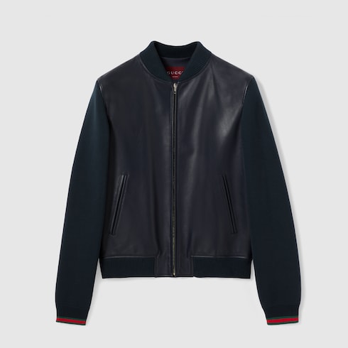 Chaqueta de aviador de piel de napa y tejido