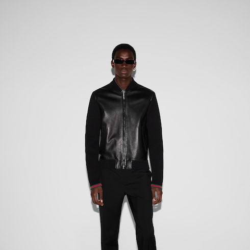 Blouson aviateur en maille et cuir nappa