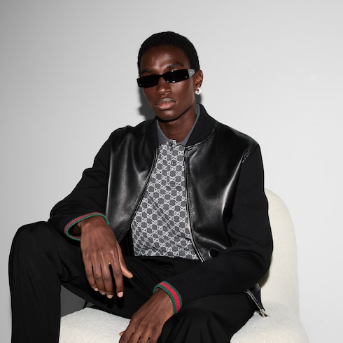 Blouson aviateur en maille et cuir nappa