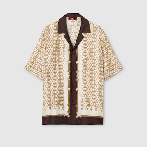 Printed silk twill bowling shirt