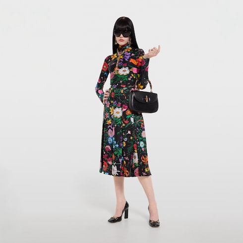 Gonna midi plissettata in twill di seta con stampa