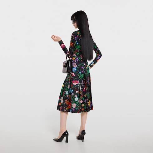 Printed silk twill pleated midi skirt