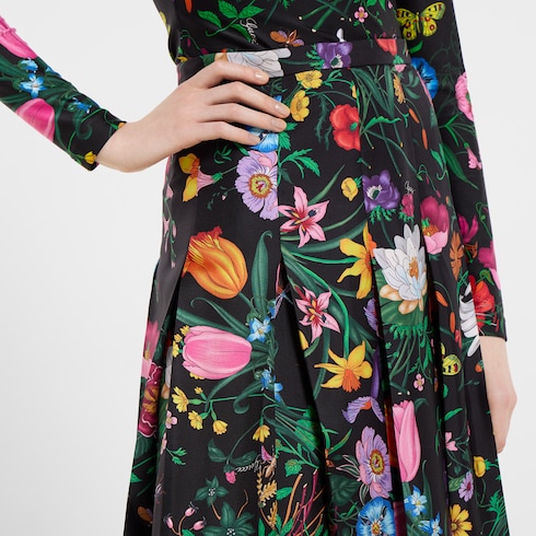 Gonna midi plissettata in twill di seta con stampa