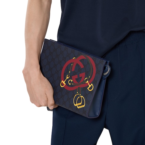 Pouch in tessuto GG con stampa misura media