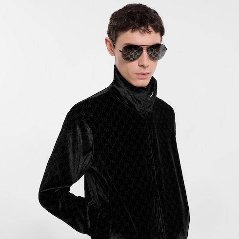 Chaqueta de terciopelo con efecto devoré elástico, GG y zipper