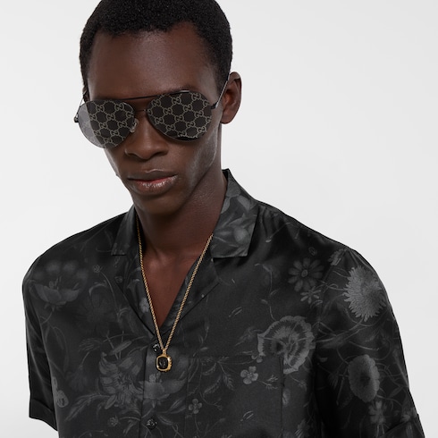 Printed silk twill bowling shirt