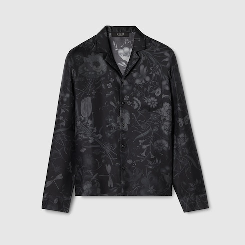 Printed silk twill bowling shirt