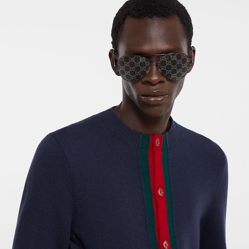 Cardigan in lana lavorata a maglia con nastro Web