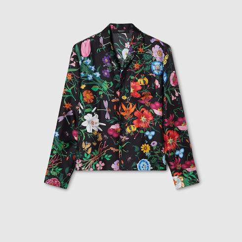 Printed silk twill bowling shirt