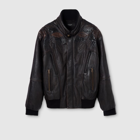 Leather with aged effect bomber jacket