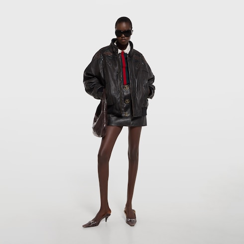 Leather with aged effect bomber jacket