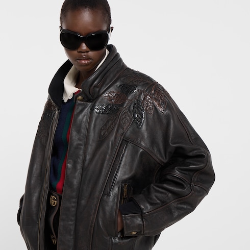 Blouson aviateur en cuir effet vieilli