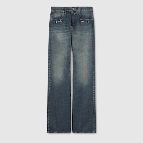 饰马衔扣细节棉质丹宁长裤