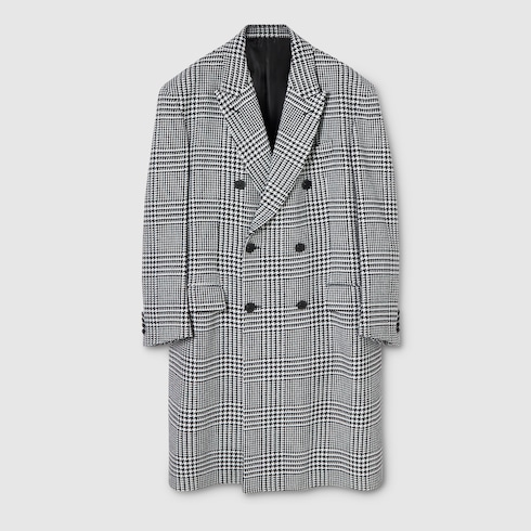 Double-breasted Prince of Wales wool coat