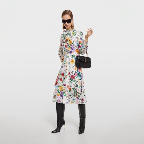 Printed silk twill pleated skirt