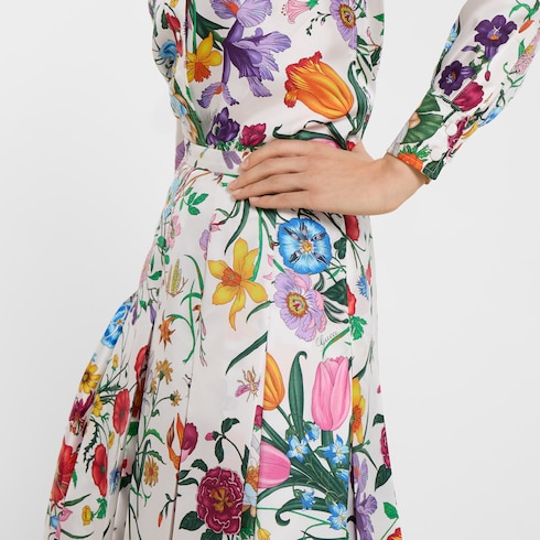 Printed silk twill pleated skirt