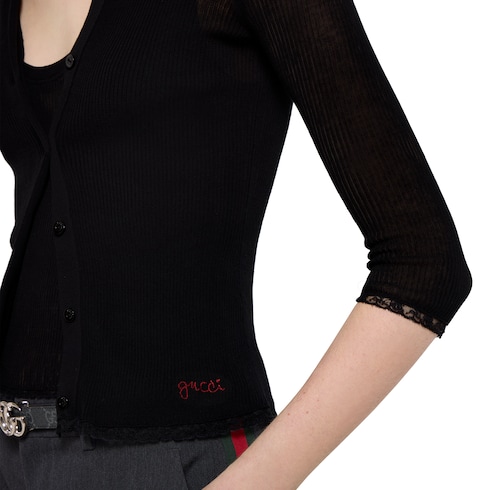 Cardigan in cotone a coste con ricamo