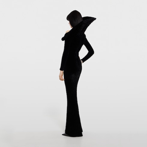 Robe longue en velours de soie froissé