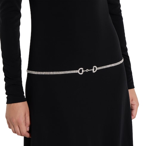 饰水晶马衔扣腰带针织连衣裙