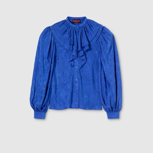 Camicia in twill di seta jacquard con finiture con ruche