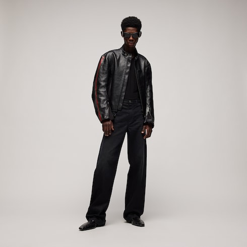 Veste de motard en cuir avec Détail bande Web