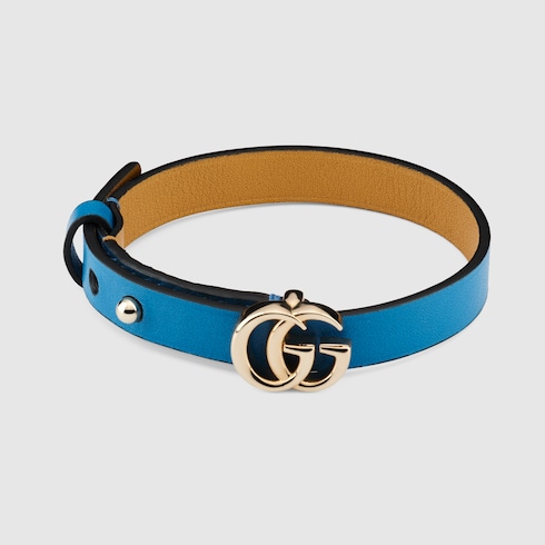 Leather bracelet with Double G in peacock blue leather | GUCCI® US