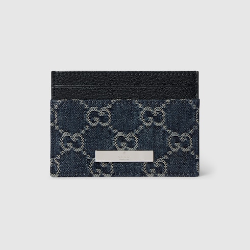 Card case with Gucci plaque in dark blue GG denim | GUCCI® US