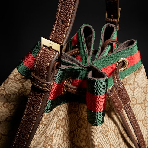 Gucci Venice large bucket bag in sand and brown GG canvas | GUCCI® US