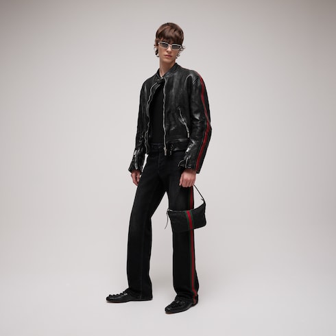 Blouson biker en cuir de buffle avec Web
