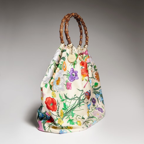 Silk maxi tote bag with bamboo handle