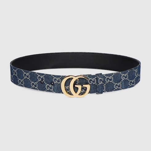 GG Marmont wide belt in dark blue GG denim | GUCCI® US GG Marmont wide belt in dark blue GG denim | GUCCI® US
