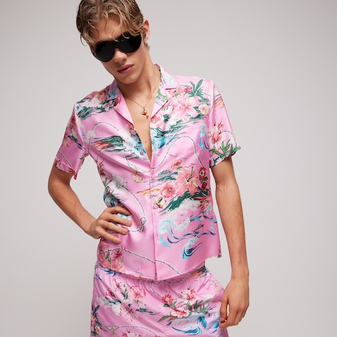 Camicia bowling in twill di seta stampata