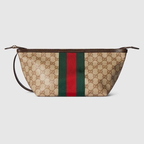 Small GG toiletry case with Web in sand and brown GG canvas