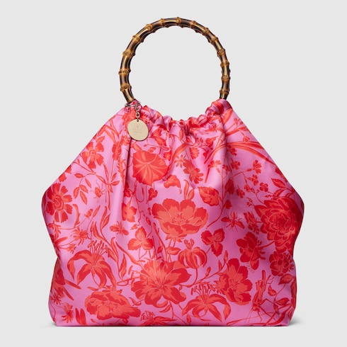 Silk maxi tote bag with bamboo handle in fuchsia and multicolor