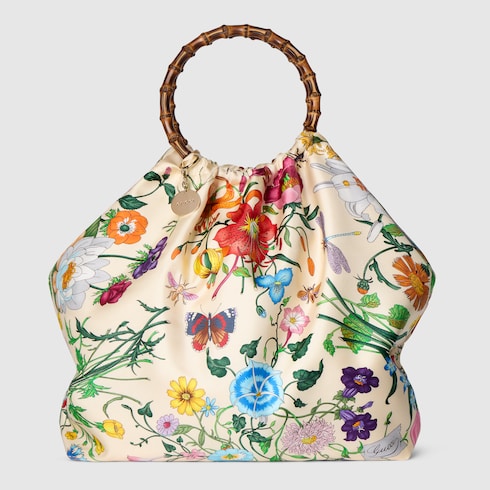 Silk maxi tote bag with bamboo handle in white and multicolor silk