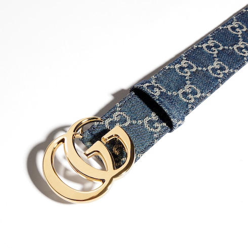 GG Marmont wide belt in dark blue GG denim | GUCCI® US