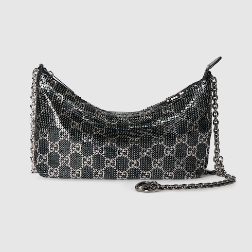 Metallic evening bag with charm in black and silver GG mesh