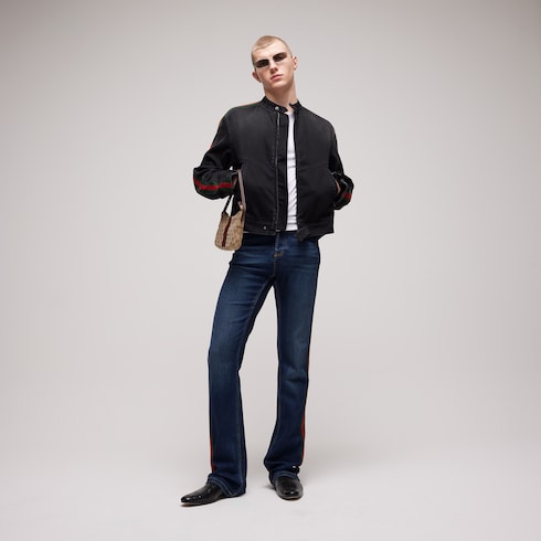 Chaqueta biker de algodón y denim con tribanda Web