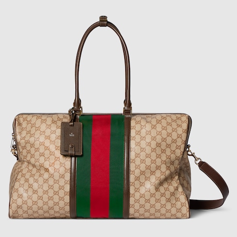 Medium GG duffle bag with Web in sand and brown GG canvas | GUCCI® US