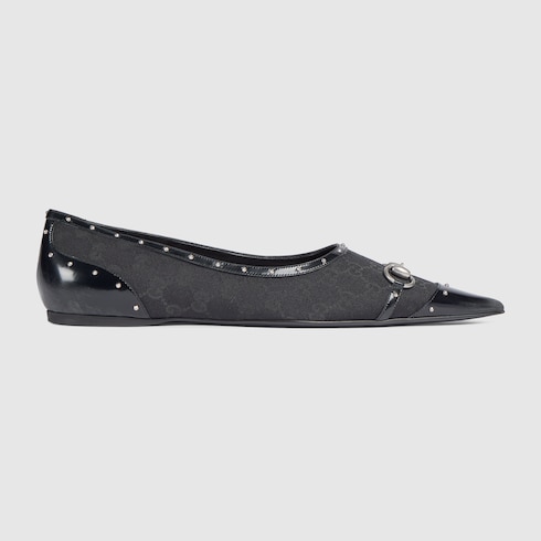 Men's point-toe studded loafer in black GG canvas | GUCCI® US