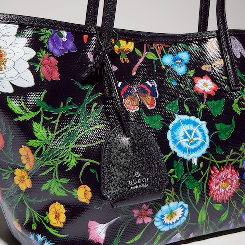 GUCCI 花柄 トートバッグ チャーム付き グッチ トライベッカ スモール トートバッグ ・ブラック＆マルチカラー