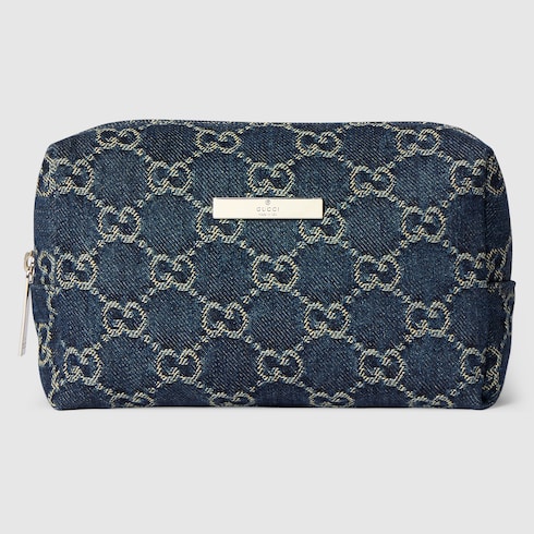 Medium cosmetic case with Gucci plaque in dark blue GG denim